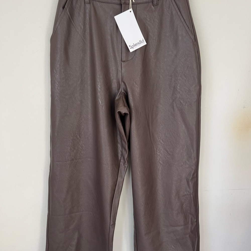 Splendid Collection Women's Wide Leg Chocolate Brown Faux Leather Pants